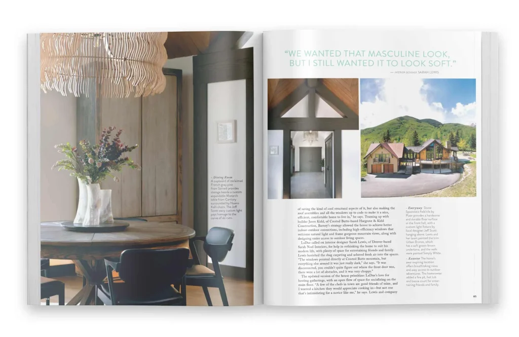 Colorado Homes & Lifestyles article spread highlighting the entryway and dining area of a luxury mountain home renovation by Freestyle Architects in Crested Butte, Colorado, with reclaimed wood and vaulted ceilings.