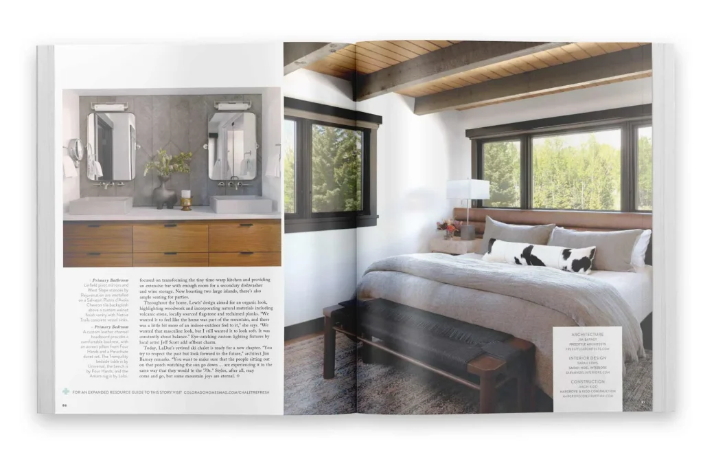 Interior design magazine spread showcasing the primary bedroom and bathroom of a renovated Mount Crested Butte chalet, with natural materials, warm tones, and architecture by Freestyle Architects.