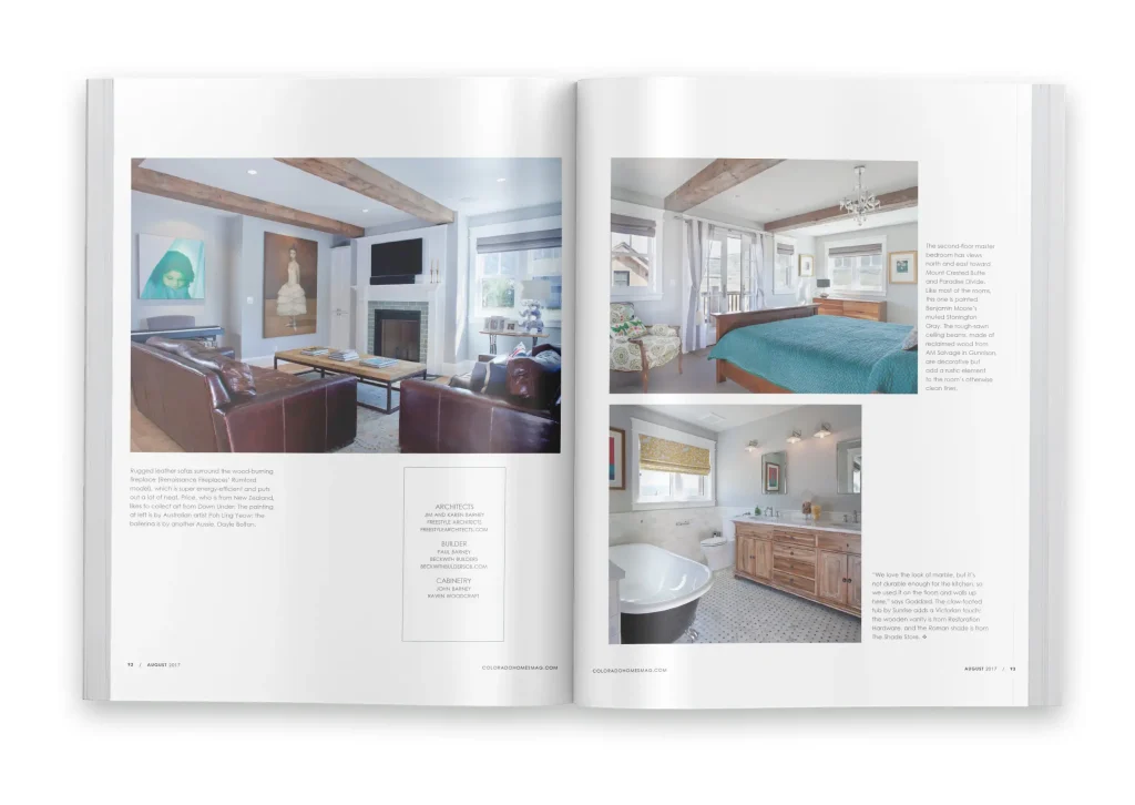 Interior design magazine spread showcasing Freestyle Architects' living room, bedroom, and bathroom with exposed beams and curated finishes