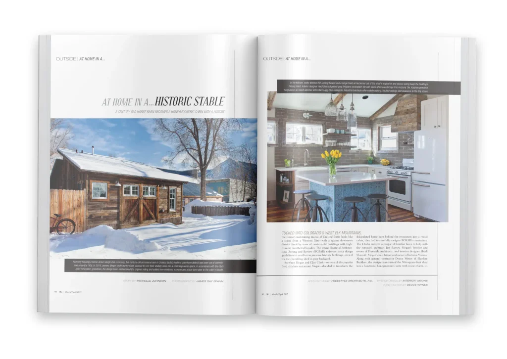 Mountain Living magazine spread showing a snowy cabin exterior and rustic kitchen renovation by Freestyle Architects.