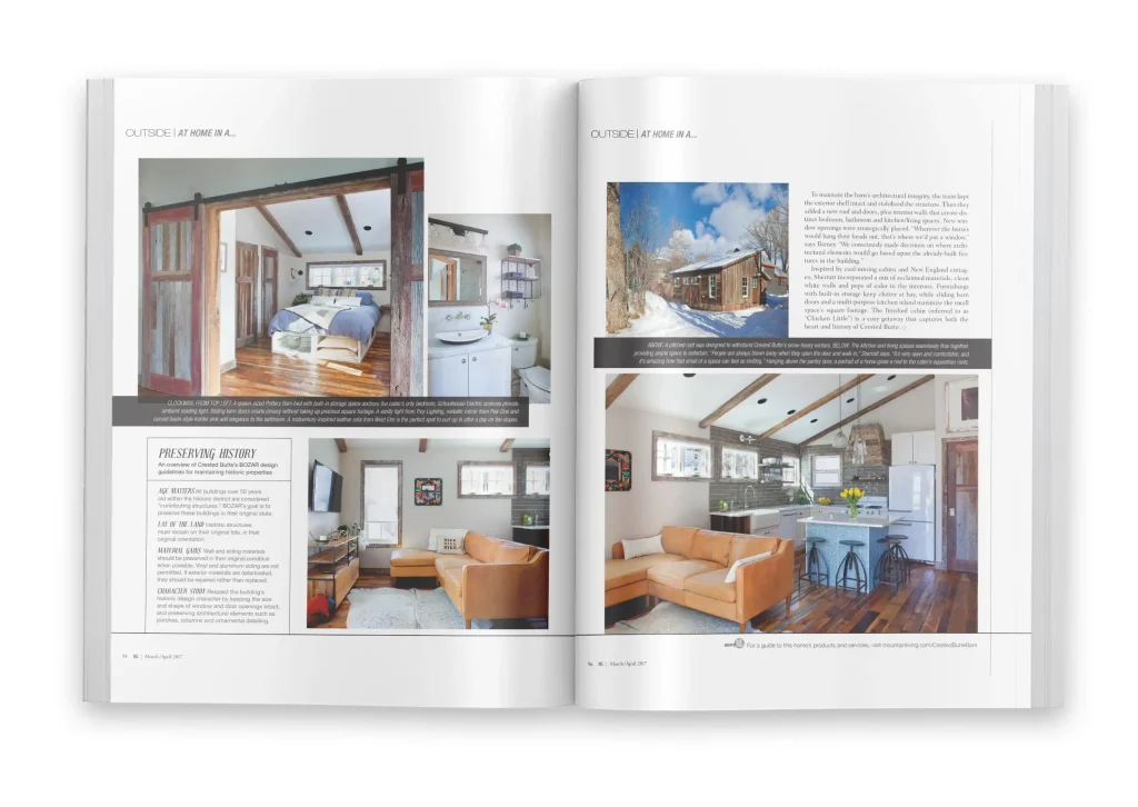 Mountain Living magazine spread featuring reclaimed wood interiors, a modernized cabin layout, and cozy living spaces.