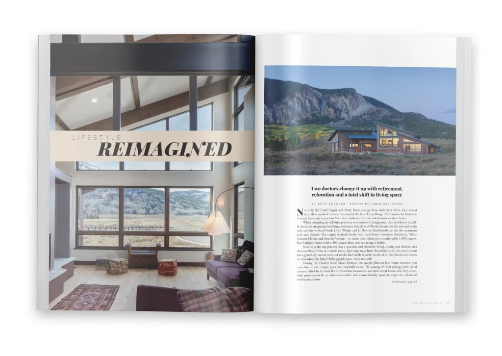 Magazine spread from Peak Magazine featuring a Freestyle Architects project, with a living room overlooking a scenic mountain view and an exterior dusk shot of a modern home in Crested Butte.