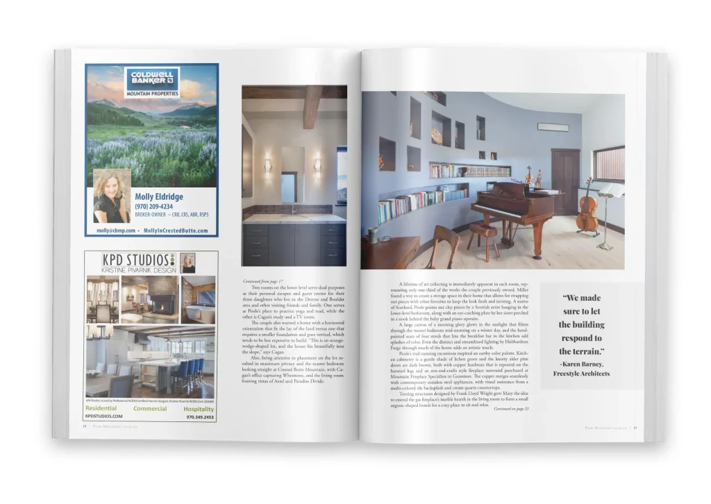 Interior magazine spread highlighting Freestyle Architects’ work, with images of a music room featuring a grand piano and a modern bathroom, accompanied by project commentary and a client quote.