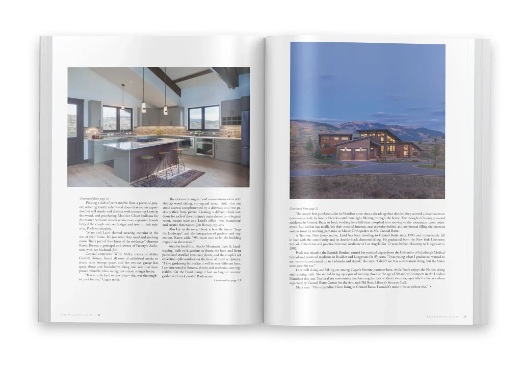 Magazine spread from Peak Magazine showing a contemporary mountain kitchen and an evening exterior view of a modern home designed by Freestyle Architects.