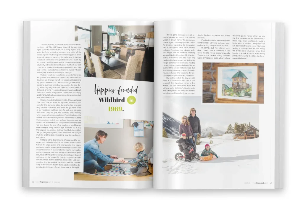 Magazine spread featuring a family playing inside a cozy mountain home, a story about Wildbird’s founding, and lifestyle imagery of a family enjoying the snow with Crested Butte peaks in the background.