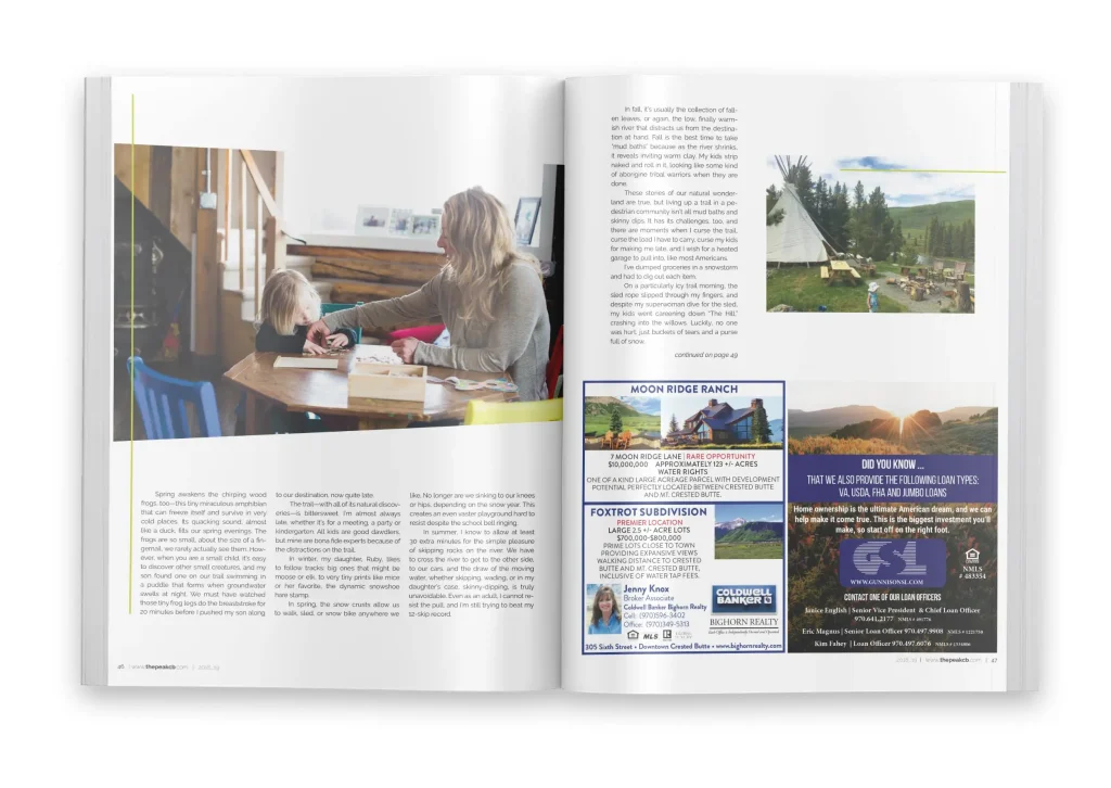 Magazine spread with a mother and daughter at a rustic kitchen table, a photo of a teepee in a grassy field, and real estate listings for Crested Butte properties at the bottom of the page.