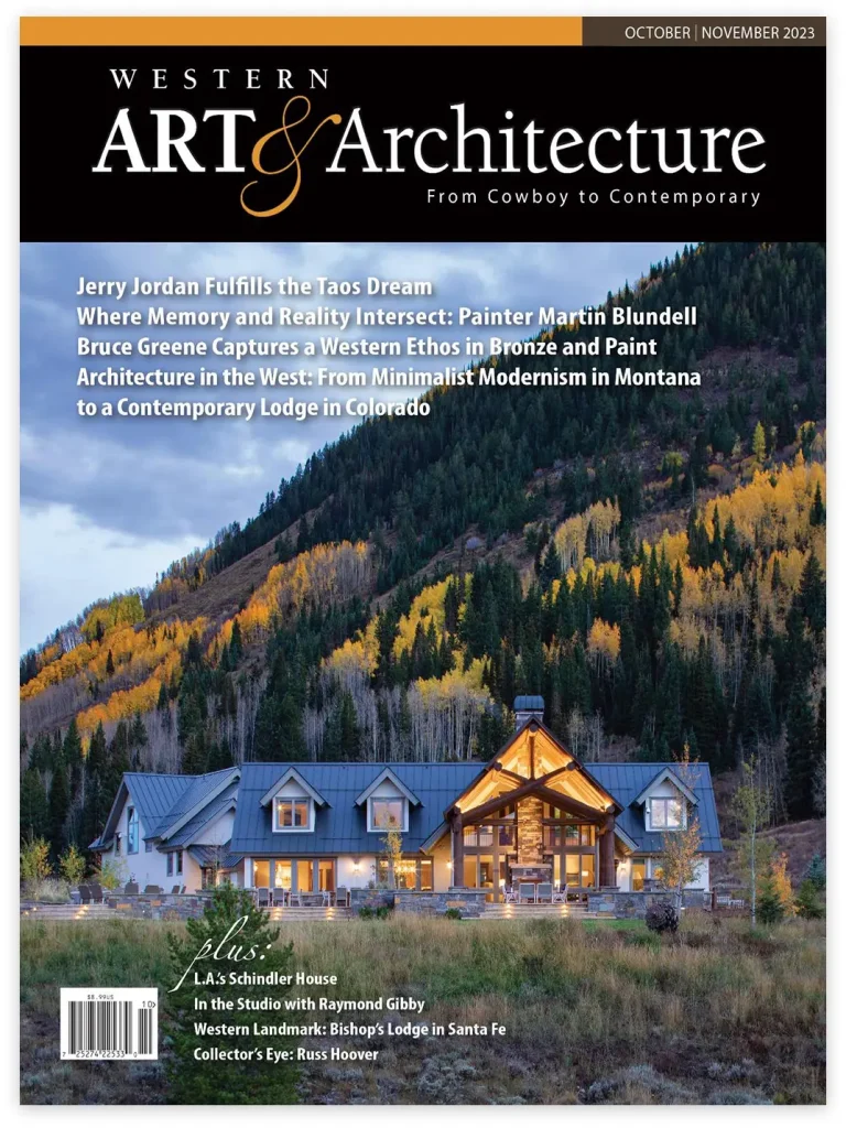Magazine cover of Western Art & Architecture showing a contemporary lodge in the Colorado mountains, surrounded by golden aspens under dramatic evening light.