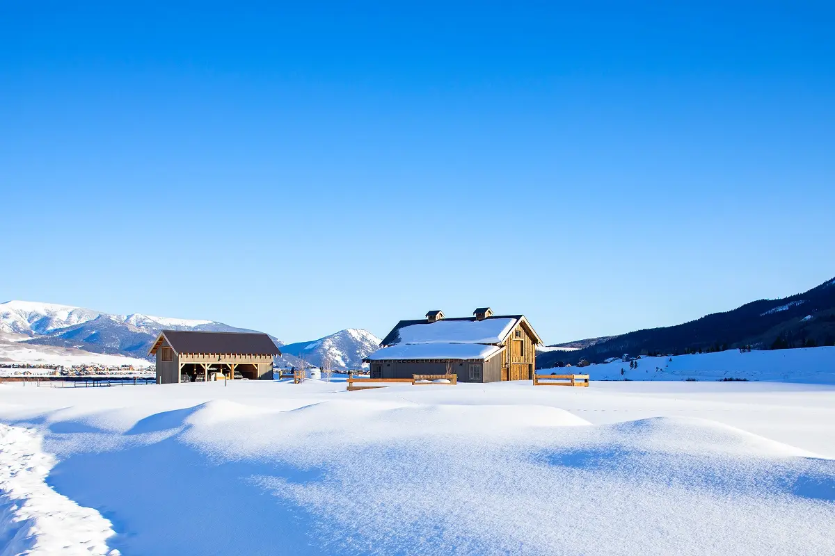 New barn and loafing shed built with reclaimed timbers on edge of Crested Butte.