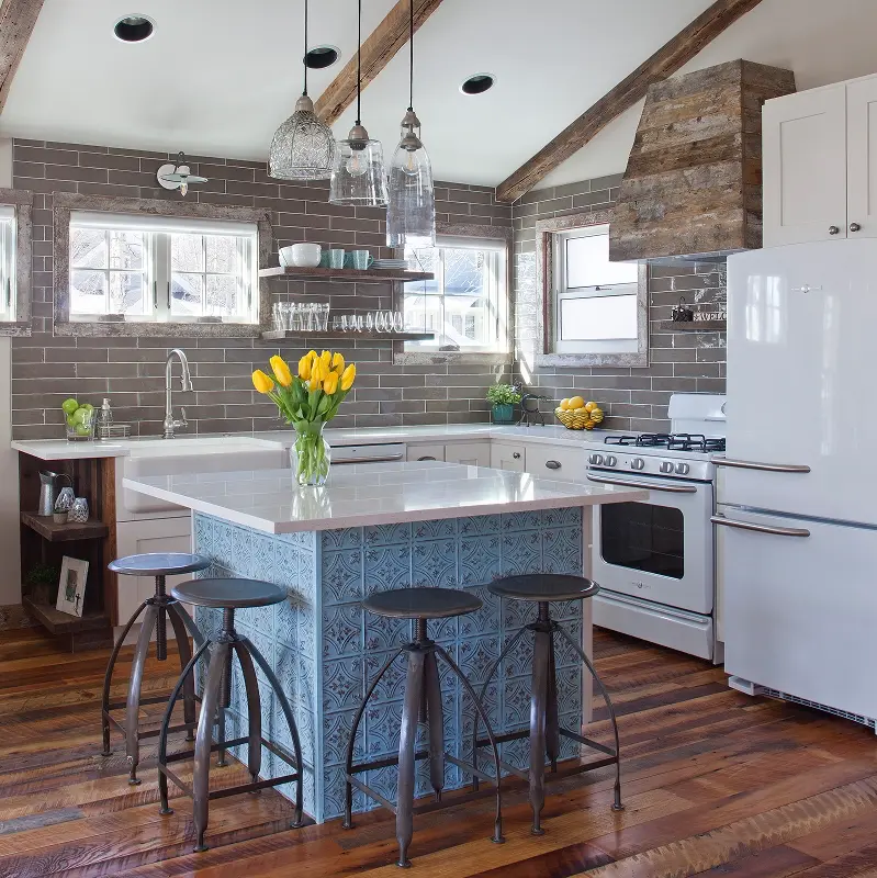 Vintage-inspired kitchen with tiled island, pendant lights, and historic character in Crested Butte.