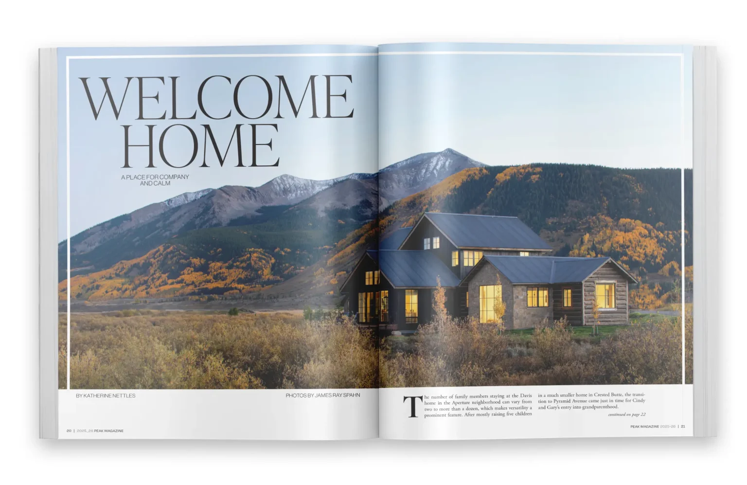 Double-page magazine spread from Peak Magazine featuring a modern mountain home in Crested Butte designed by Freestyle Architects, with expansive views and autumn foliage.